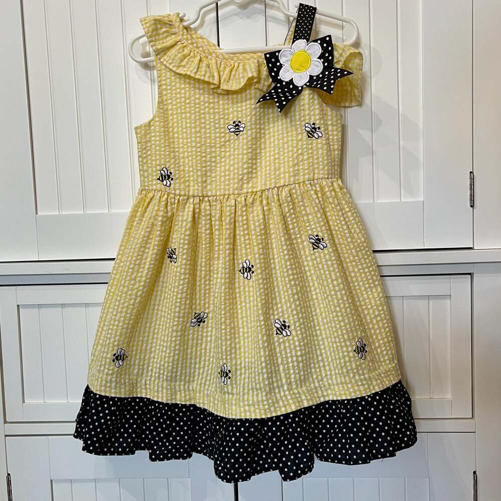 Yellow Seersucker Gingham Bumblebee Dress w/ Daisy Bow & Polka Dot Ruffle Hem
